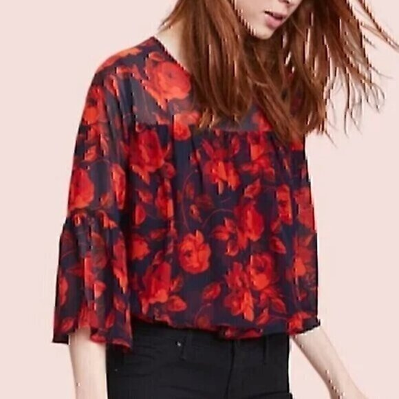A NEW DAY Tiered Floral Blouse Navy Blue Red 3/4 Bell Sleeve Sheer / Lined Boho - Picture 1 of 12